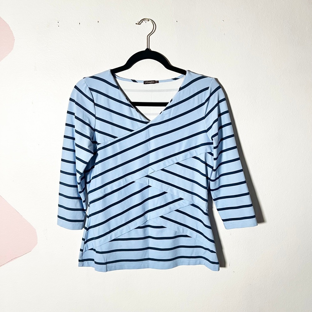 J McLaughlin Top Womens Small Blue Striped Catalina Cloth 3/4 Sleeve